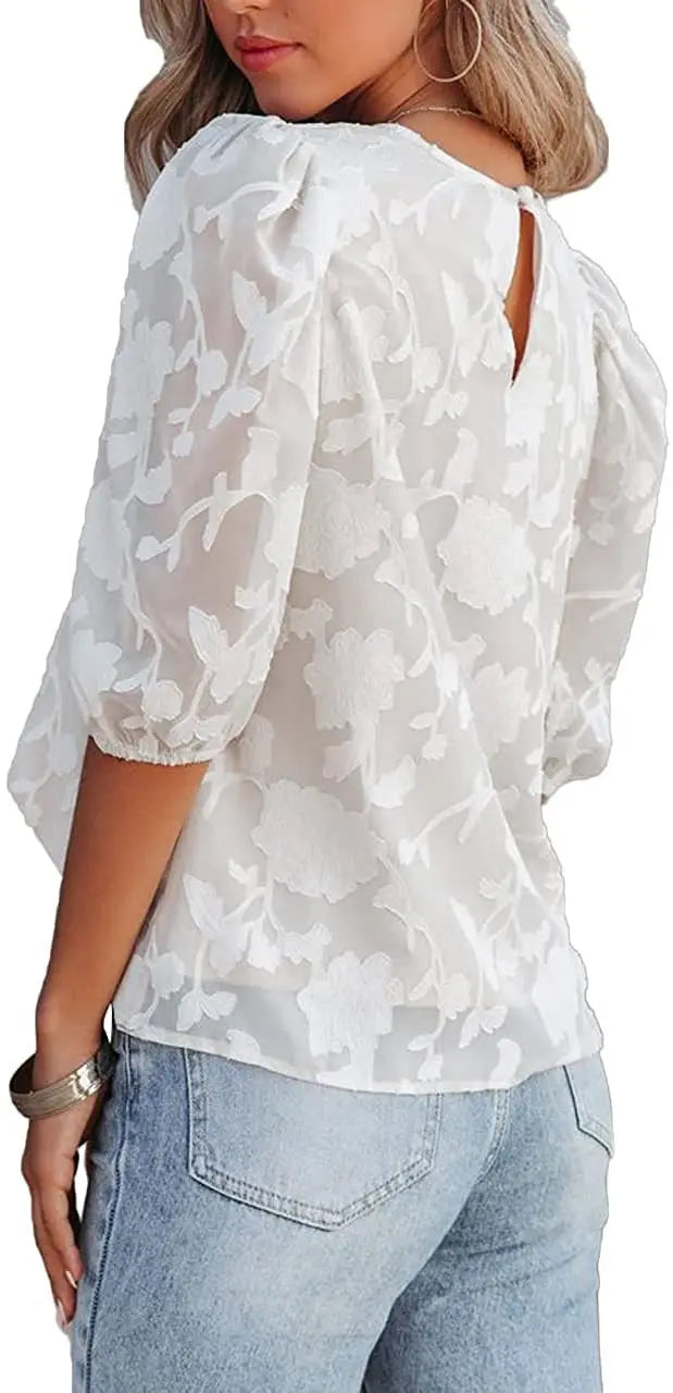 Women Puff Sleeve Chiffon Blouse Floral Lace Trim Loose Fit Tops Elegant Casual Shirt for Women Spring Summer Boho Chic Tunic Te