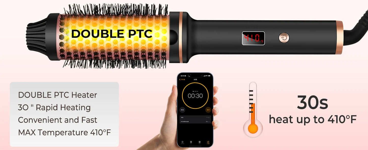 Thermal Brush Ionic Heated Round Brush, Hot Hair Curling Iron with 10 Temp Settings, 30s Fast Heated for All Hair Types, Black
