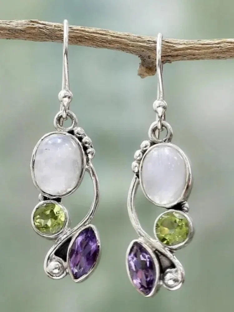Boho Dangle Earrings for Women Vintage Moonstone Drop Earrings Ethnic Retro Pendant Ear Hook Beach Party Jewelry Gift