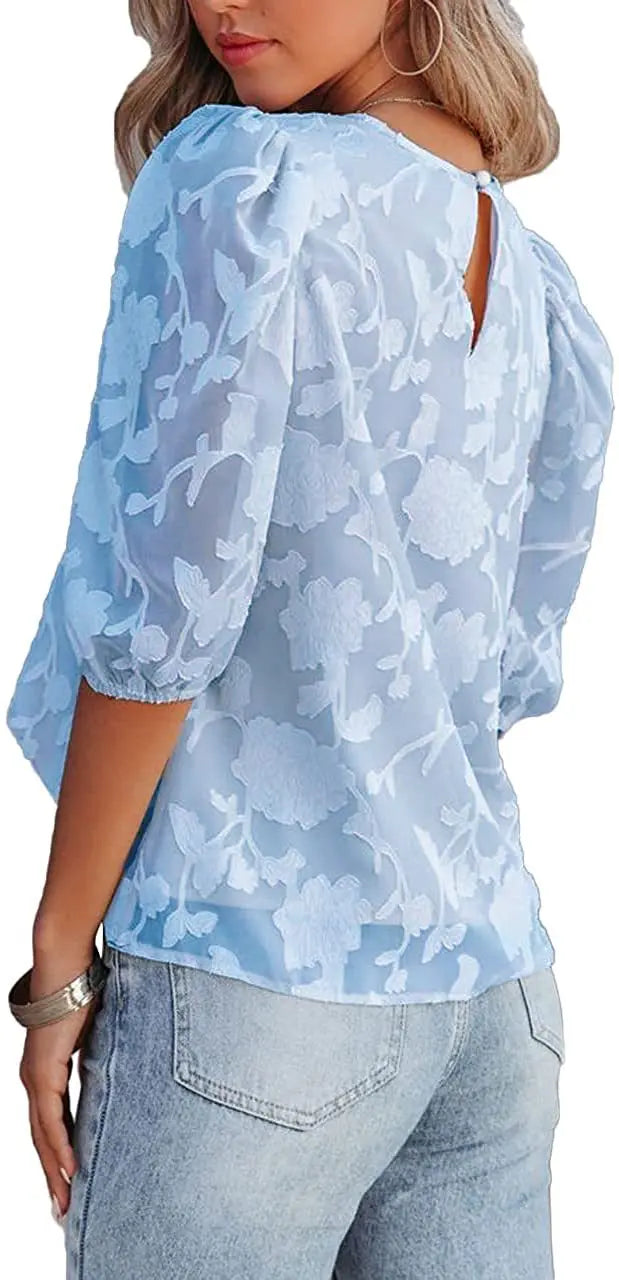 Women Puff Sleeve Chiffon Blouse Floral Lace Trim Loose Fit Tops Elegant Casual Shirt for Women Spring Summer Boho Chic Tunic Te