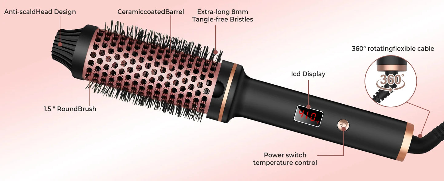 Thermal Brush Ionic Heated Round Brush, Hot Hair Curling Iron with 10 Temp Settings, 30s Fast Heated for All Hair Types, Black