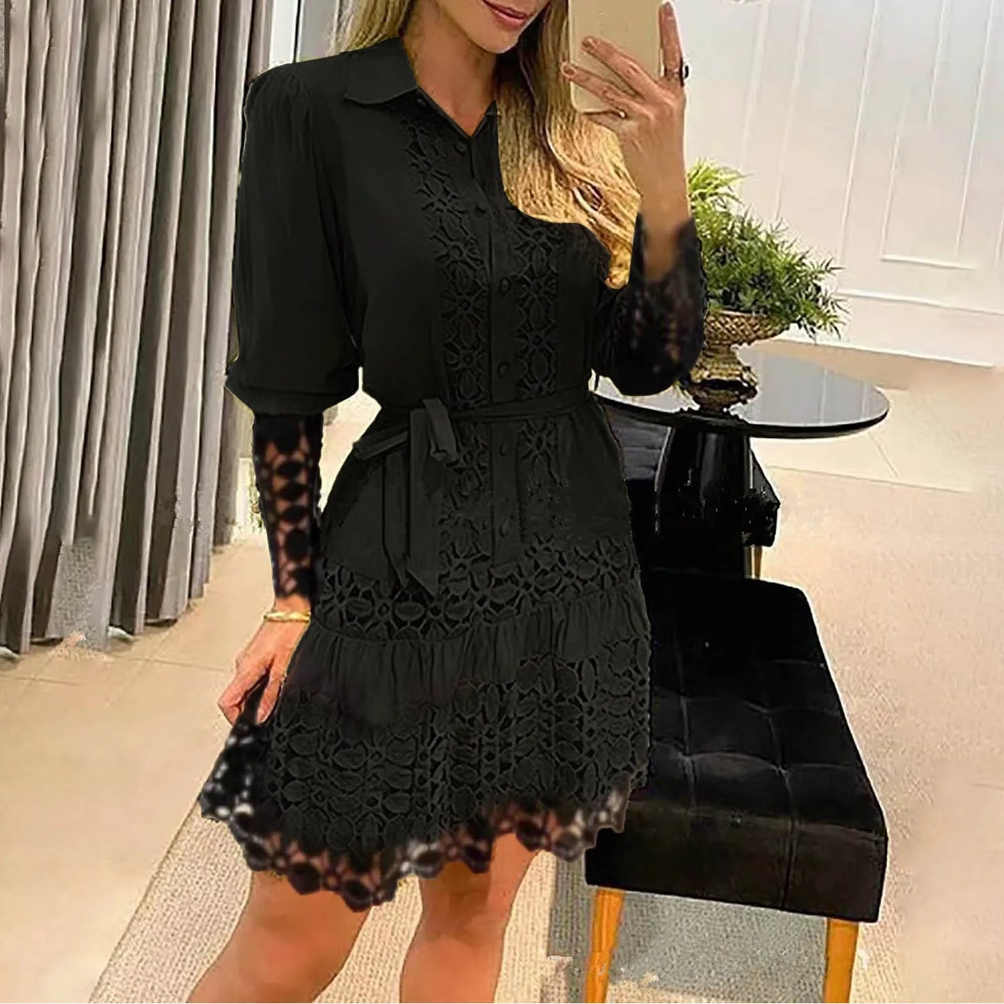Casual Lapel Women's Shirt Dress Vestido Summer Lace Crochet  Hollowed Out Long Sleeve Party Dress Elegant Lady Plus Size Dress