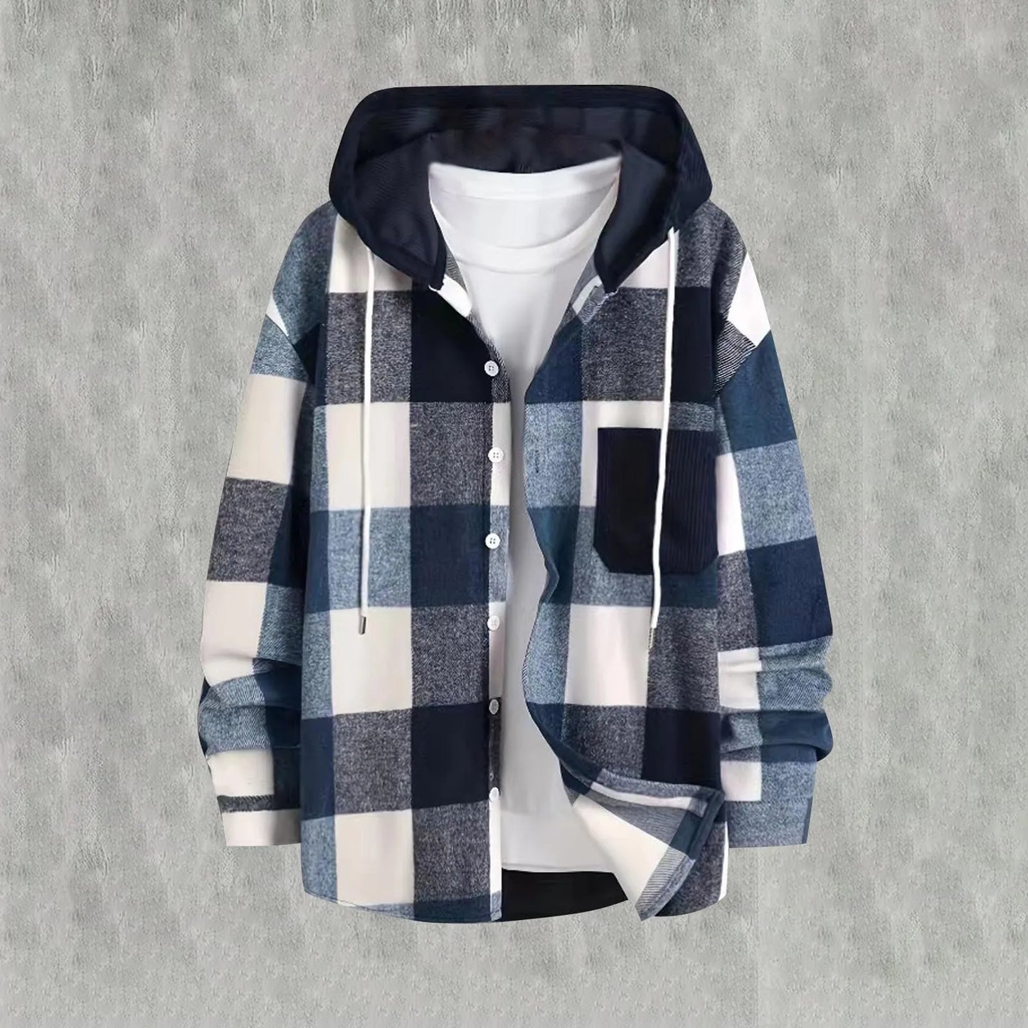Men's Hooded Jacket Lightweight Drawstring Regular Fit Long Sleeved Buttoned Plaid Pocket Shirt Jacket Solid Color Linen Shirt