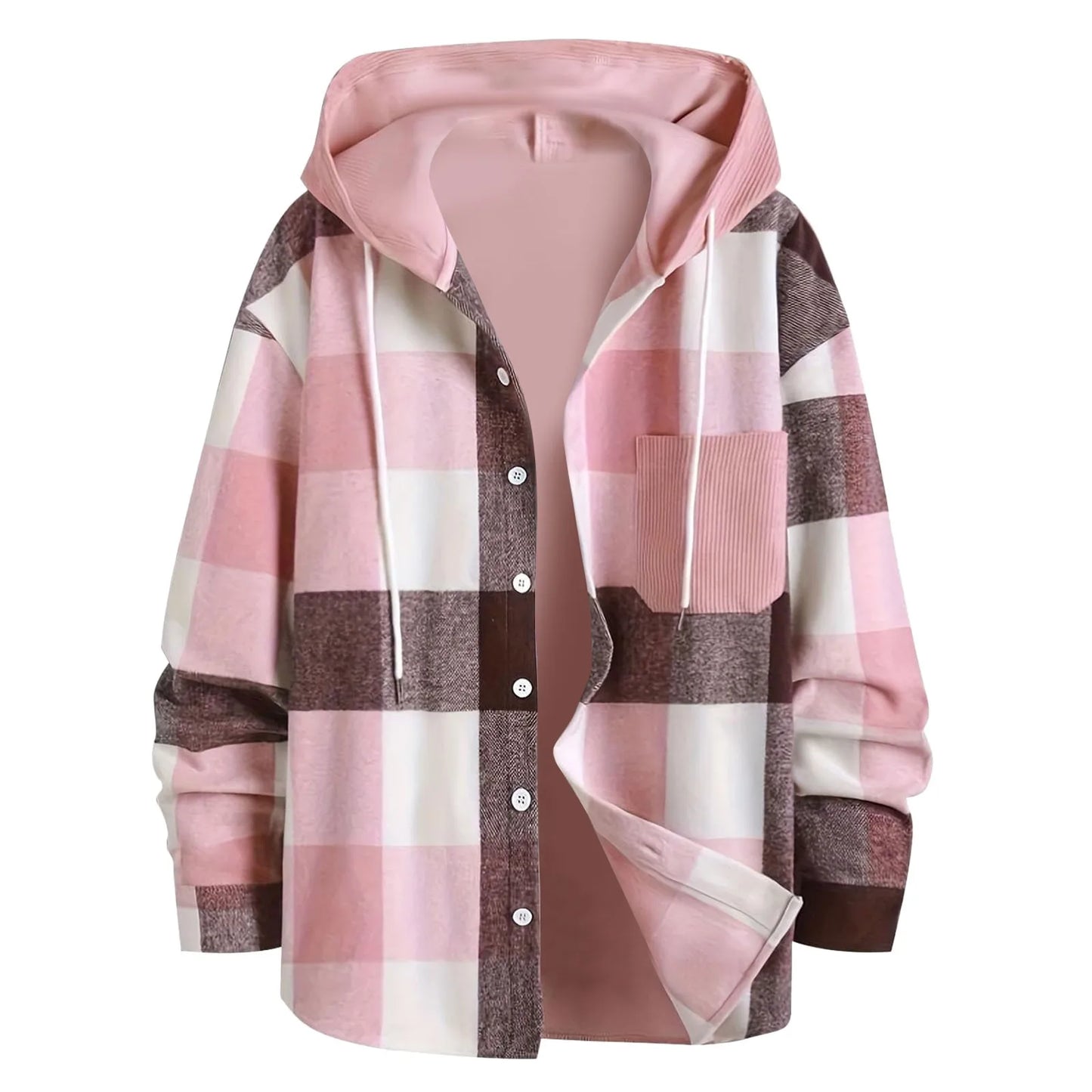 Men's Hooded Jacket Lightweight Drawstring Regular Fit Long Sleeved Buttoned Plaid Pocket Shirt Jacket Solid Color Linen Shirt