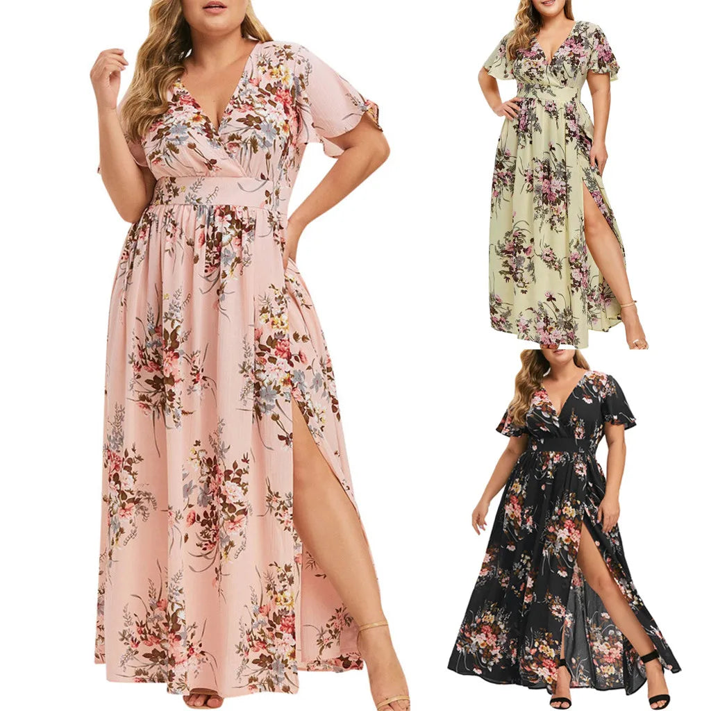 Women Floral Print Long Dress Summer Short Sleeve V Neck Boho Beach Maxi Dress Casual Loose Lady Elegant Vestidos Plus Size 5XL