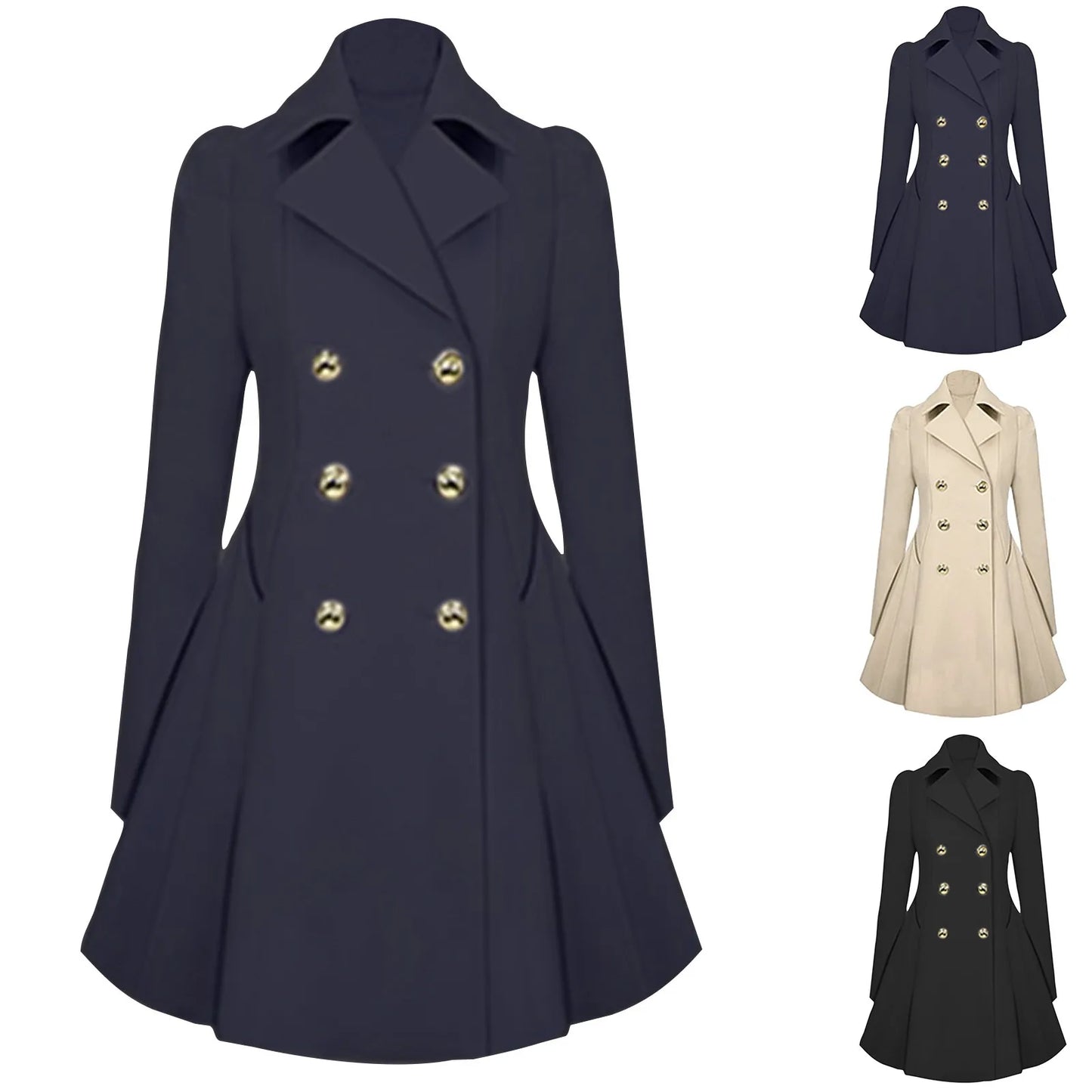 Elegant Trench Coat For Women Lapel Double Breasted Thick A Line Windbreaker Jacket With Pockets Temperament Office Lady Blazer
