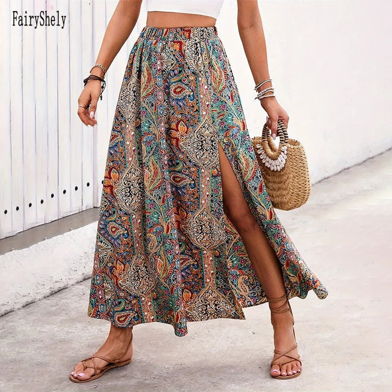 Vintage Bohemian Ethnic Print Long Skirt Women 2026 Summer Casual High Waist Skirt Lady Elegant Boho A line Split Pleated Skirt
