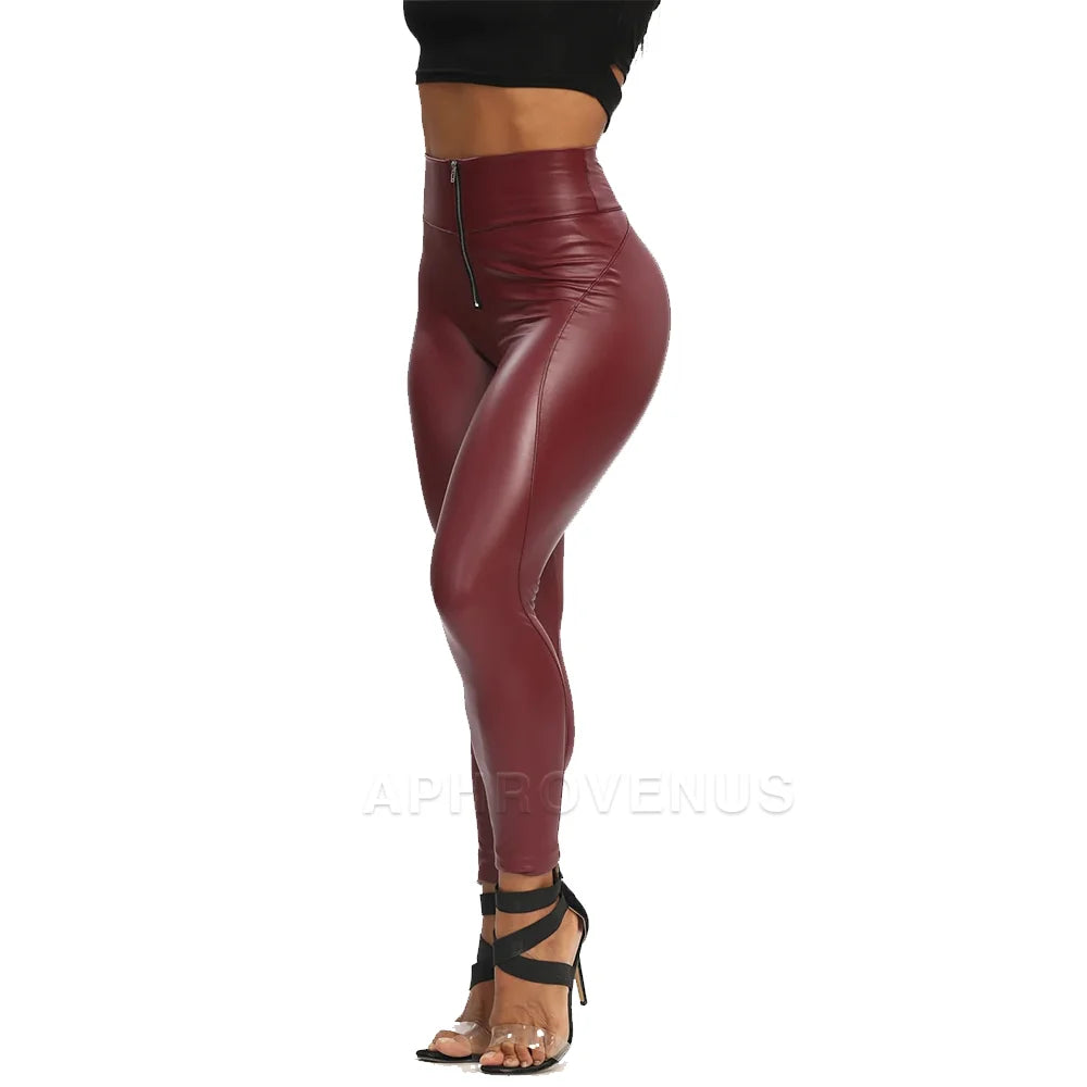 Fashion Black PU Leather Pants Women Mid Waist Skinny Push Up Leggings High Elasticity Pants Sexy Skinny Buttocks Streetwear