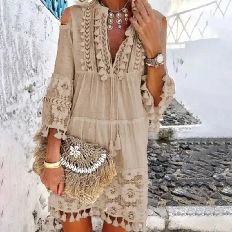 Holiday Dress Solid Hollow Out V-Neck Lace Sexy Dresses Bohemian Style Big Size Dress Vestidos Tassel Sexy Boho Long Dress Women