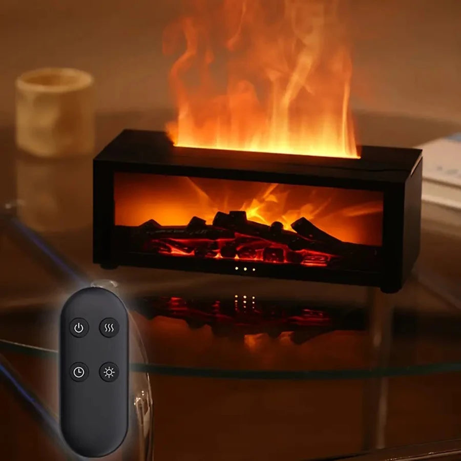 USB-powered fireplace humidifier, aromatherapy diffuser, with remote timer, and automatic shut-off when water runs low