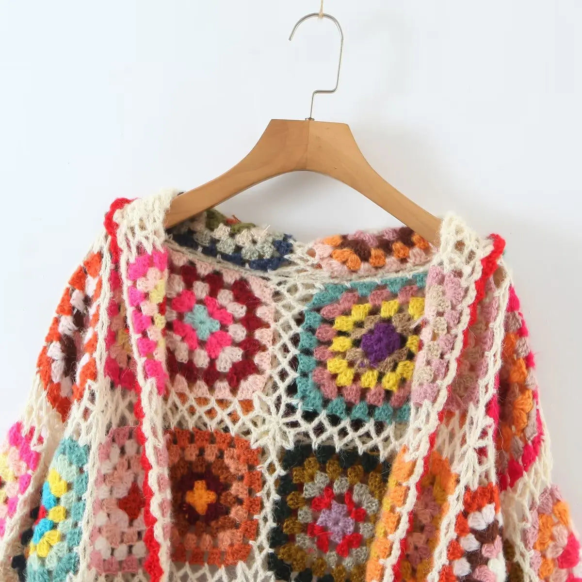 Boho Inspried crochet hand-made cardigan women square pattern knitted cardigan sweater long sleeve boho cardigan autumn winter