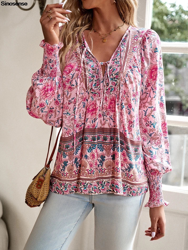 Women Vintage Floral Print Boho Blouse Sexy V Neck Long Sleeve Tops Casual Date Work Party Summer Beach Loose Blouses Shirts