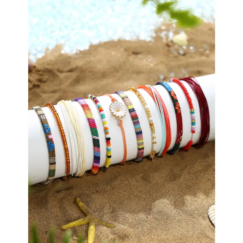 24-Piece Waterproof Boho Bracelet Set – Adjustable Handmade Wave & Ocean Anklets for Women