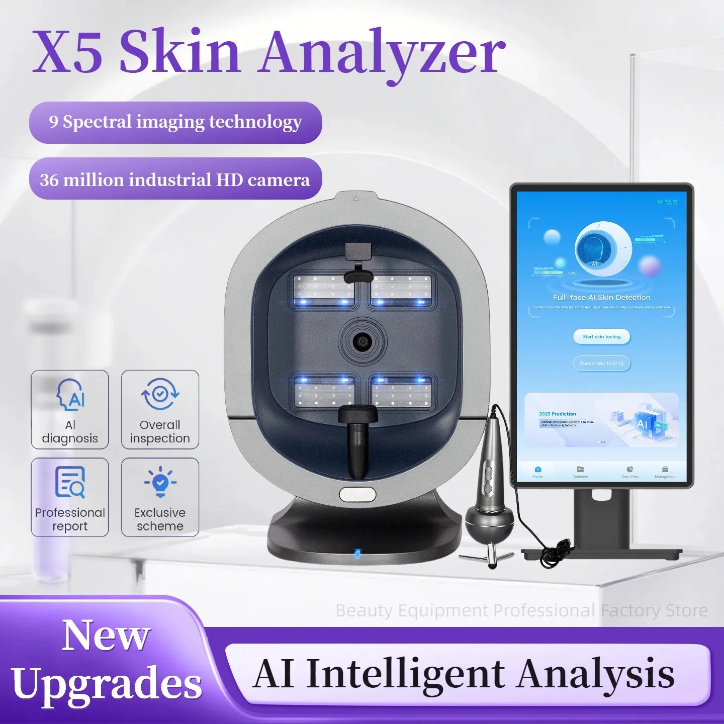 Professional 3D Facial Skin Analyzer Scanner with Dermatoscope and Face Mirror for Skin Face Diagnostics Analysis Machine.
