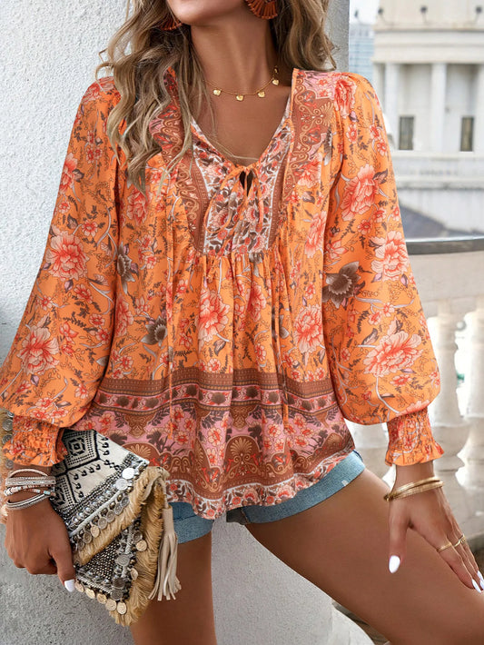Women Vintage Floral Print Boho Blouse Sexy V Neck Long Sleeve Tops Casual Date Work Party Summer Beach Loose Blouses Shirts