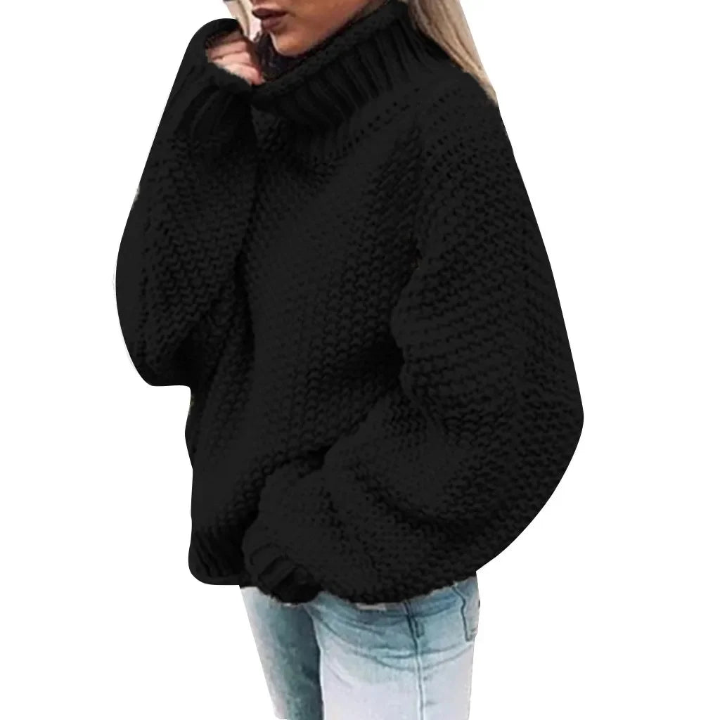 New Women Autumn Half High Neck Pullover Female Solid Color Long Sleeve Coarse Knit Sweaters Ladies Fashion O Neck Tops