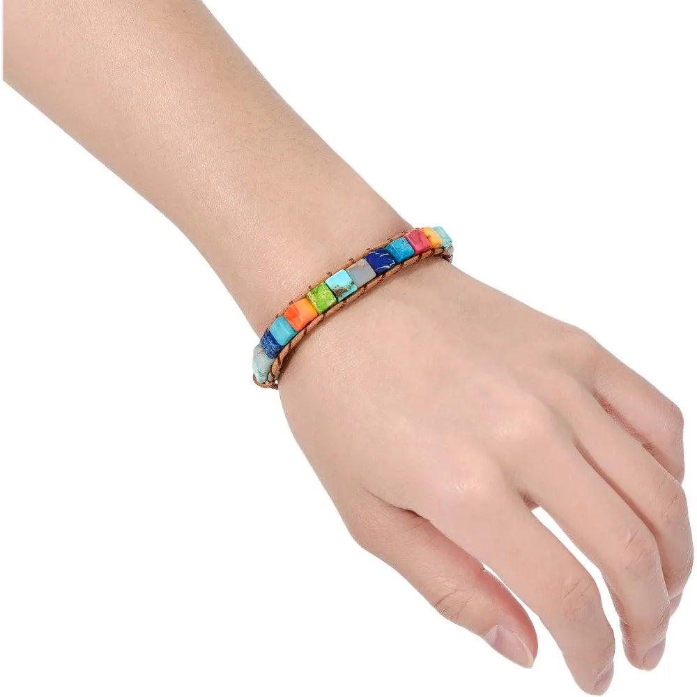 7 Chakra Leather Wrap Bracelet – Real Healing Stones, Boho Jewelry for Women & Men