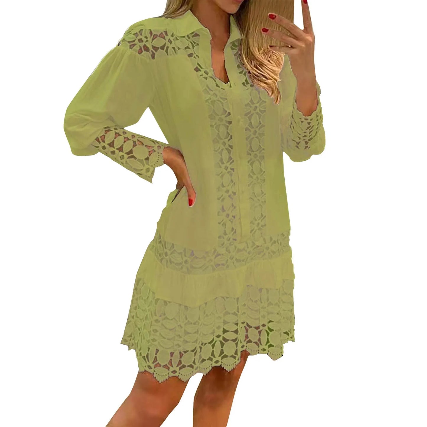 Casual Lapel Women's Shirt Dress Vestido Summer Lace Crochet  Hollowed Out Long Sleeve Party Dress Elegant Lady Plus Size Dress