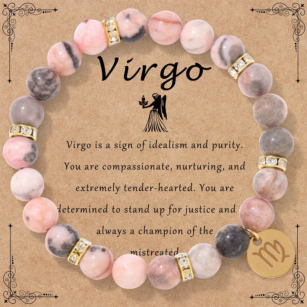 MHS.SUN 12 Star Zodiac Sign Pink Zebra Stone Beaded Bracelets Constellation Fashion Birthday Party Jewelry For Women Men