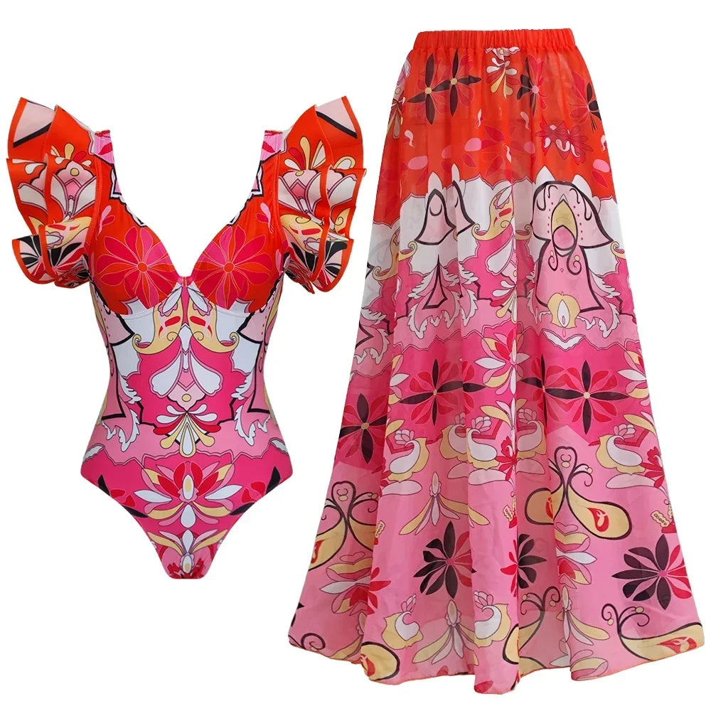 2024 New Sexy Ruffle Bikini Set Printed Brazilian Biquini Women Swimwear Skirt Bathing Suit Girls Summer Beachwear Dress