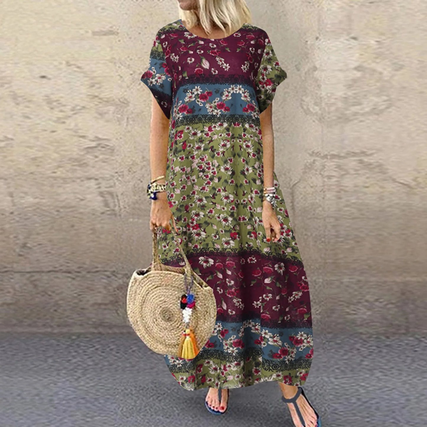Bohemian Printed Maxi Dresses Women Loose Casual Holiday Short T Shirt Dress Summer Beach Vacation Dresses For Women Robe Femme