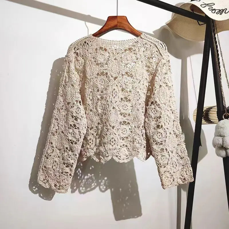 Retro Hook Flower Hollow Out Tops Fashion Long Sleeve Embroidery Cardigan Shirt Sweet Women Blouse