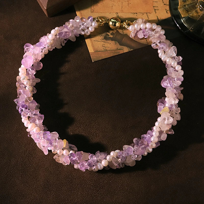 Three-layer White Amethyst Natural Pearl Necklace Luxurious Design High-quality Necklace Banquet Wedding Women's Jewelry GN0852