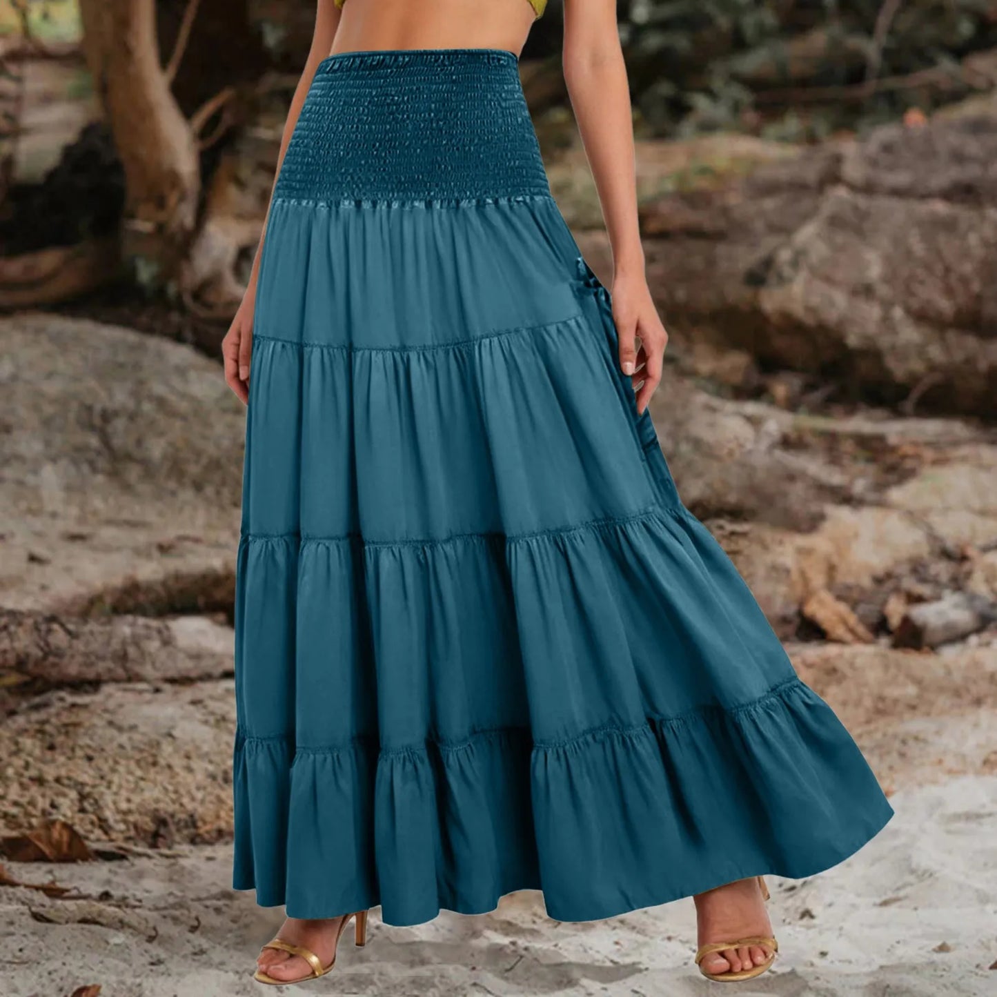 Boho Tiered A-Line Skirt Women Forest Fairy Pockets Patchwork Long Dress Elastic Waist Vintage Hippie Gypsy Maxi Skirt 스커트