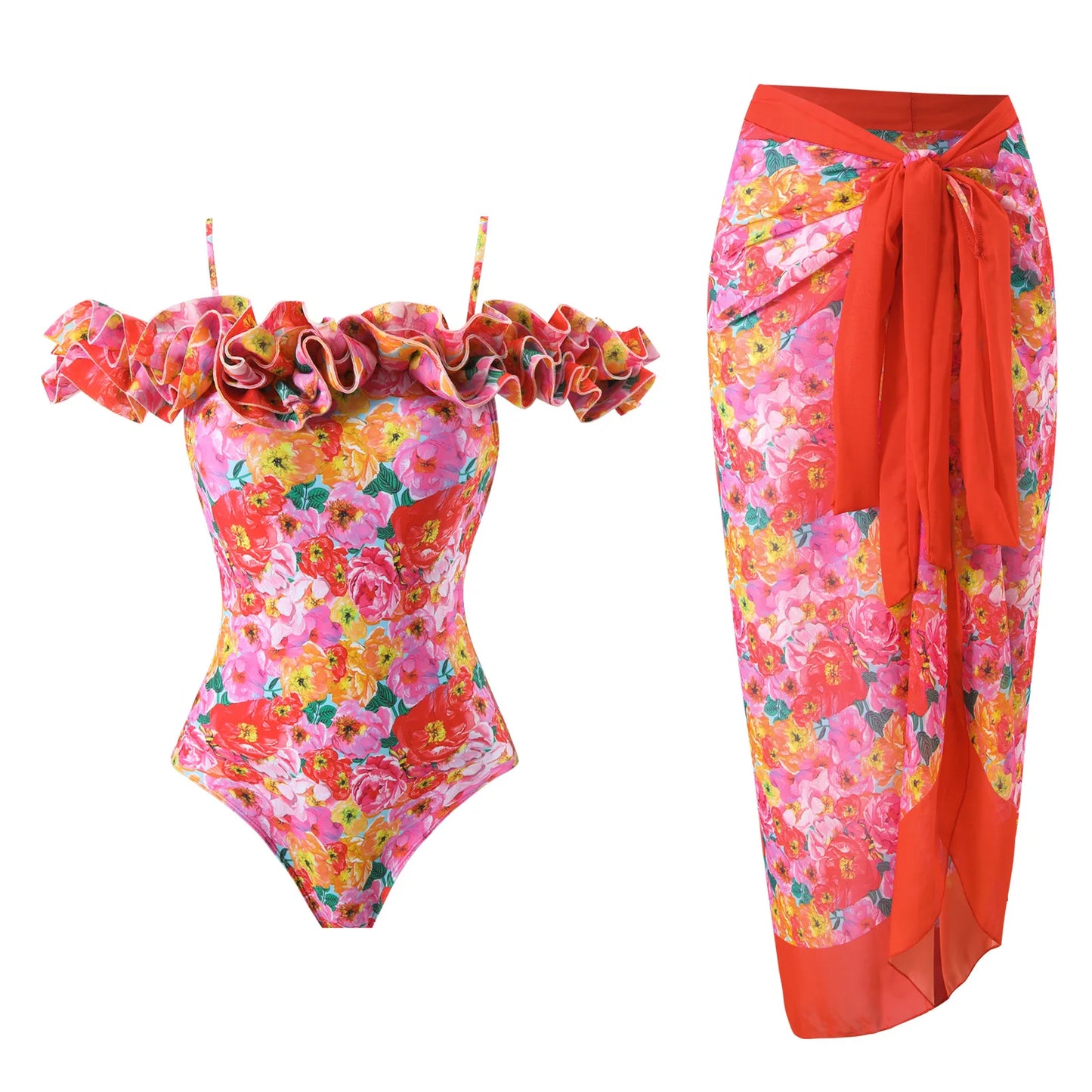 2 Pieces Retro Printed Swimsuit With Cover Up Sexy Women Swimwear 2025 V Neck Bikinis Female Biquini 3XL Bodysuit Beachwear
