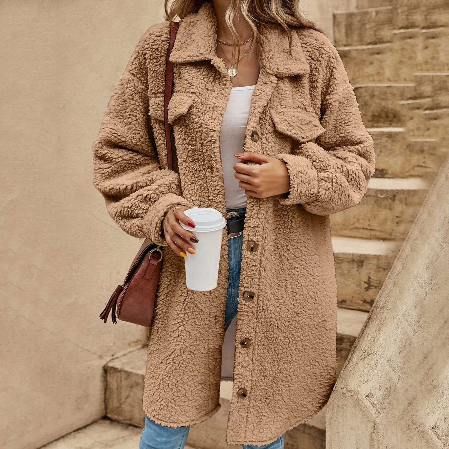 Fleece Winter Coats For Women Jacket Long Sleeve Lapel Button Cardigan Warm Outerwear Solid Long Coat Ladies Fashion Jacket