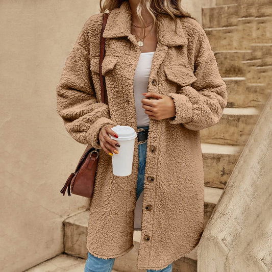 Fleece Winter Coats For Women Jacket Long Sleeve Lapel Button Cardigan Warm Outerwear Solid Long Coat Ladies Fashion Jacket