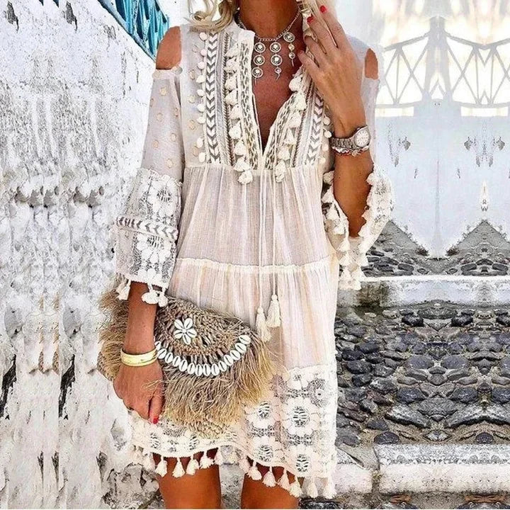 Holiday Dress Solid Hollow Out V-Neck Lace Sexy Dresses Bohemian Style Big Size Dress Vestidos Tassel Sexy Boho Long Dress Women