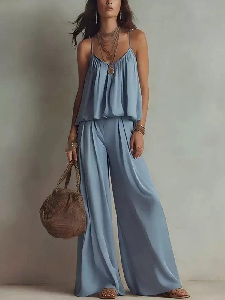Simple Solid Color Sleeveless Summer Suit Casual Pleated Beach Sets New Women's V-neck Camisole Top with Wide Leg Pants Outfit