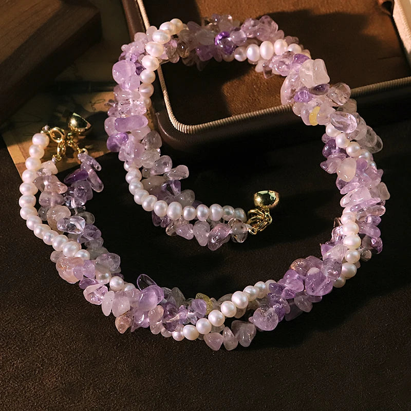 Three-layer White Amethyst Natural Pearl Necklace Luxurious Design High-quality Necklace Banquet Wedding Women's Jewelry GN0852