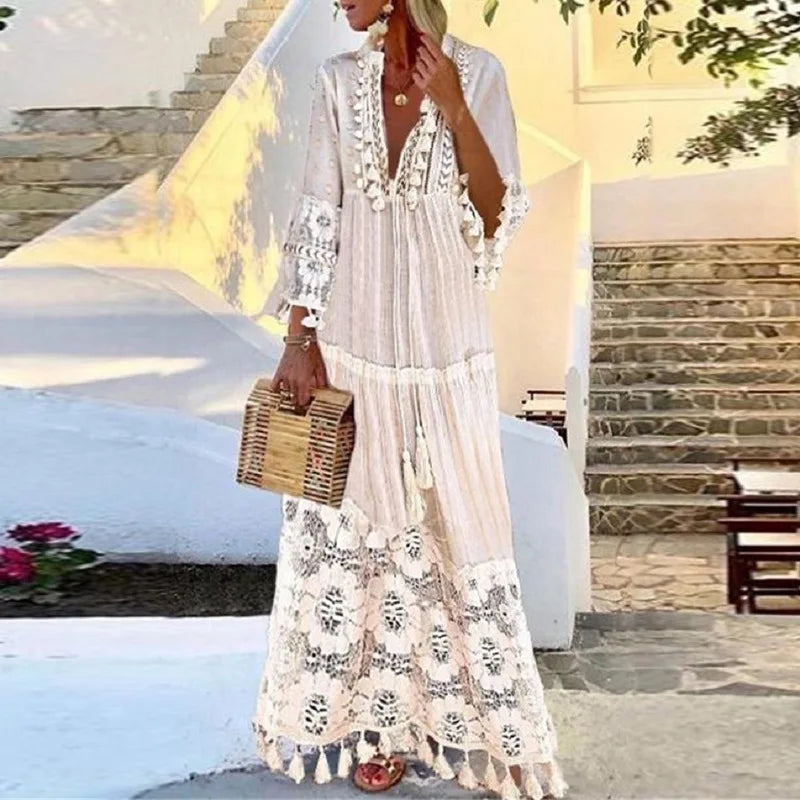 Holiday Dress Solid Hollow Out V-Neck Lace Sexy Dresses Bohemian Style Big Size Dress Vestidos Tassel Sexy Boho Long Dress Women
