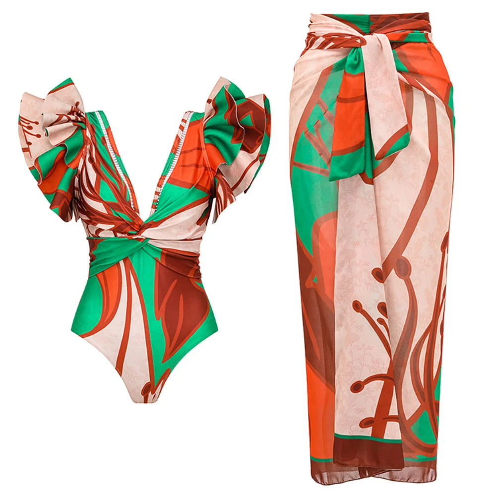 2024 New Sexy Ruffle Bikini Set Printed Brazilian Biquini Women Swimwear Skirt Bathing Suit Girls Summer Beachwear Dress