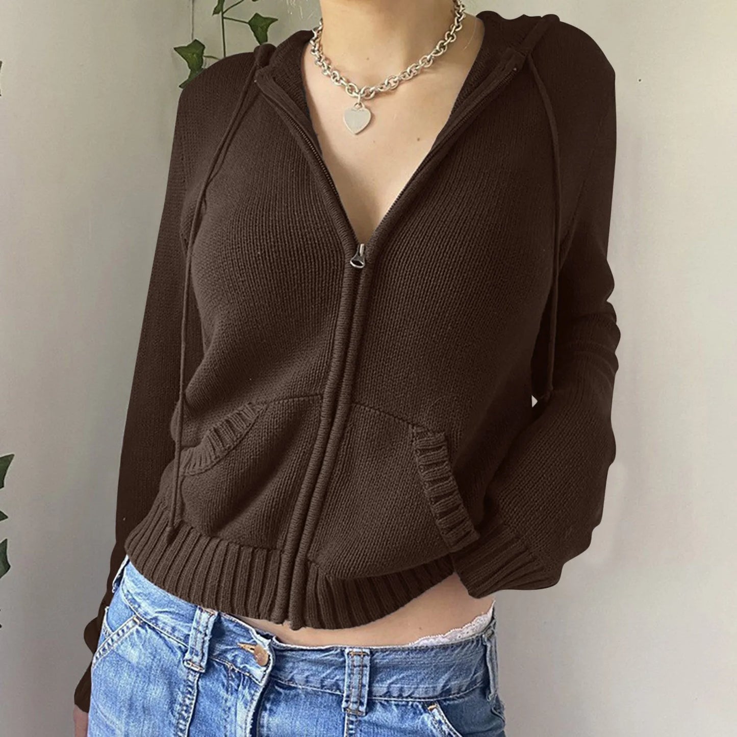 Autumn And Winter Zip Up Long Sleeve Crop Hoodie Womens Sweatshirts Ribbed Knit Cropped Hoodie Sweater Pullovers Short Jackets