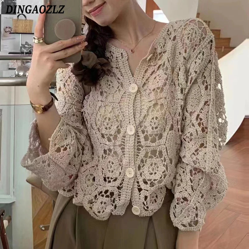 Retro Hook Flower Hollow Out Tops Fashion Long Sleeve Embroidery Cardigan Shirt Sweet Women Blouse