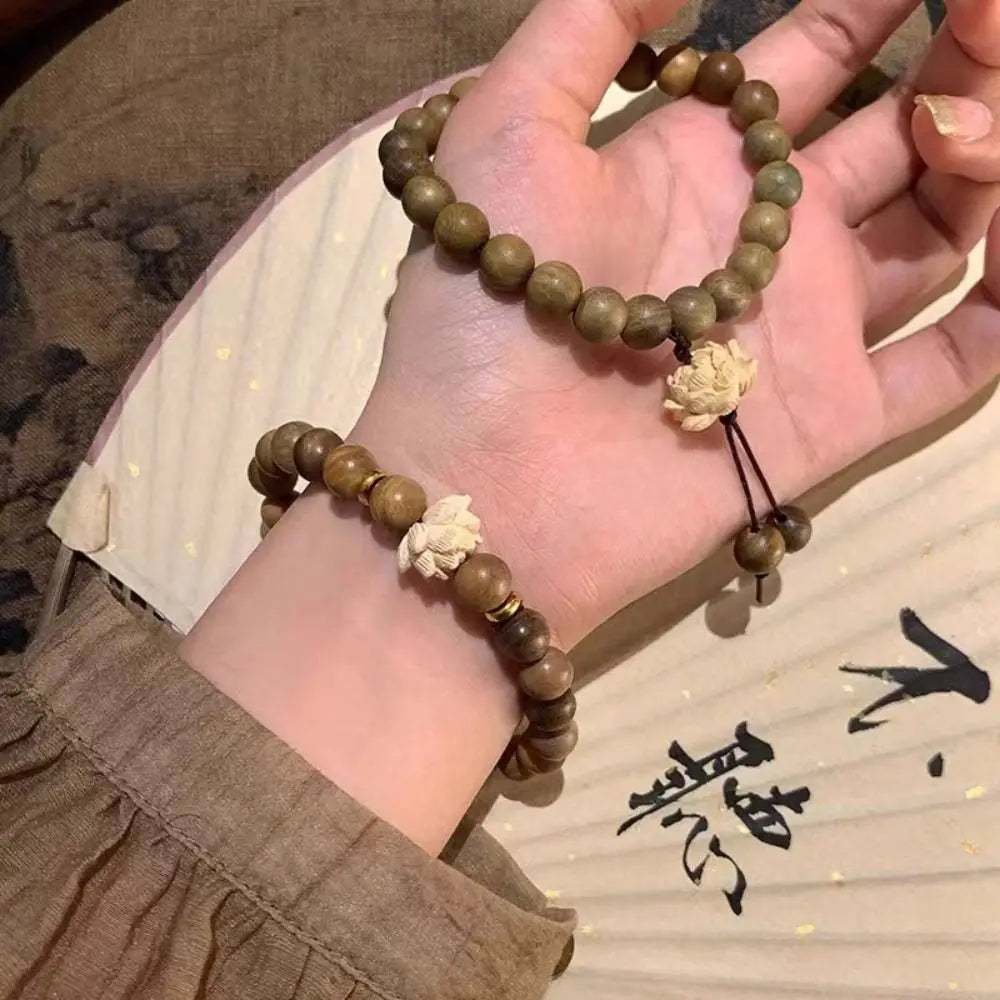 Lotus Sandalwood Bangle Wood Beaded Strand Bracelets Green Natural Sandalwood Bracelet Elastic Handwoven Rosary Jewelry