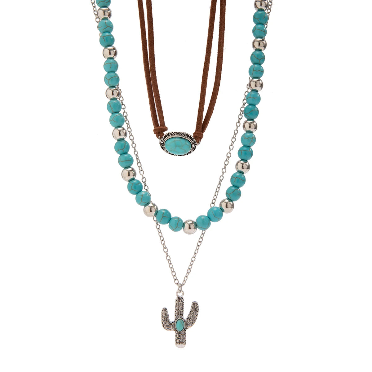 KunJoe Bohemian Multilayer Blue Stone Beads Korean Velvet Necklace for Women men Punk Metal Cactus Pendant Cross Chain Necklace