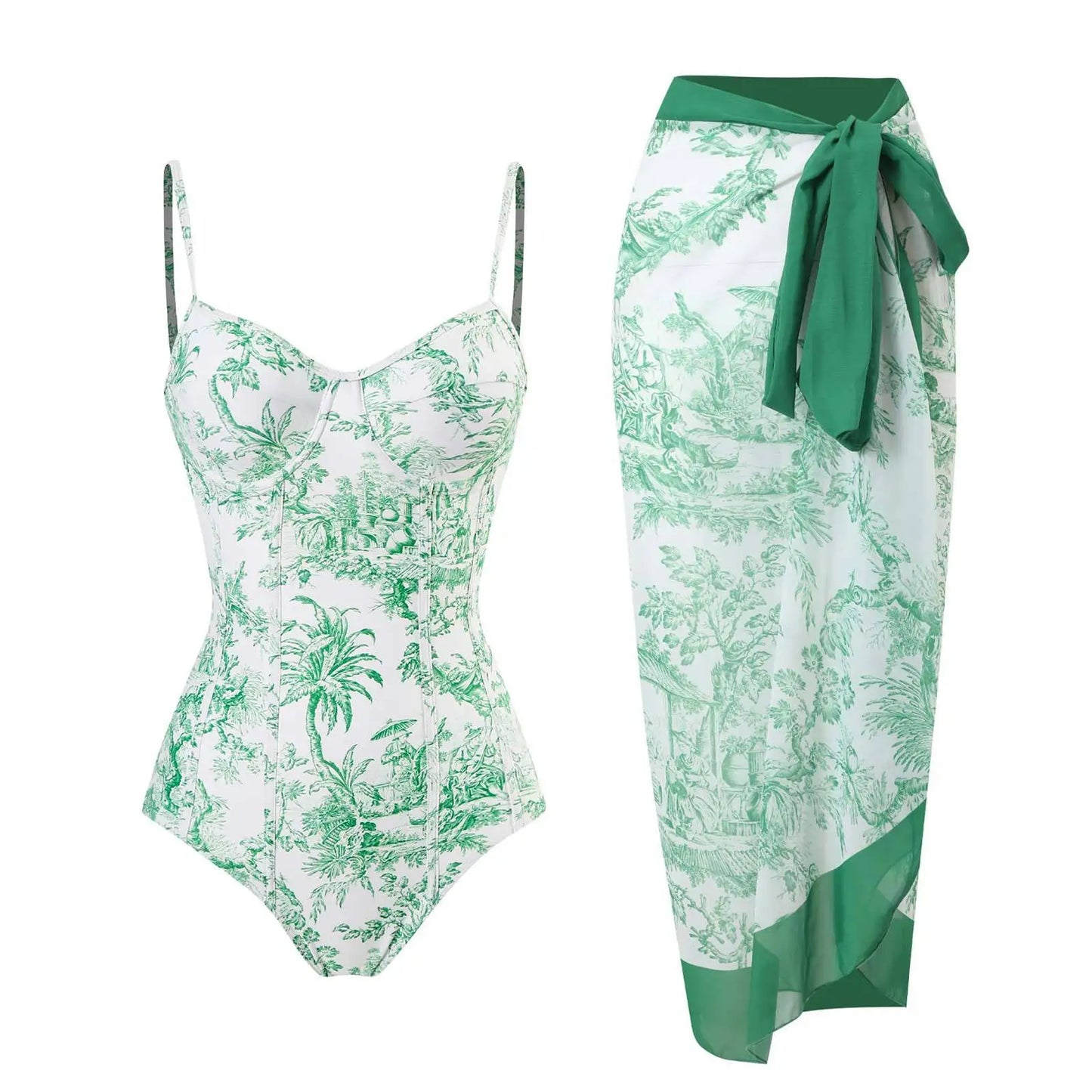 2 Pieces Retro Printed Swimsuit With Cover Up Sexy Women Swimwear 2025 V Neck Bikinis Female Biquini 3XL Bodysuit Beachwear
