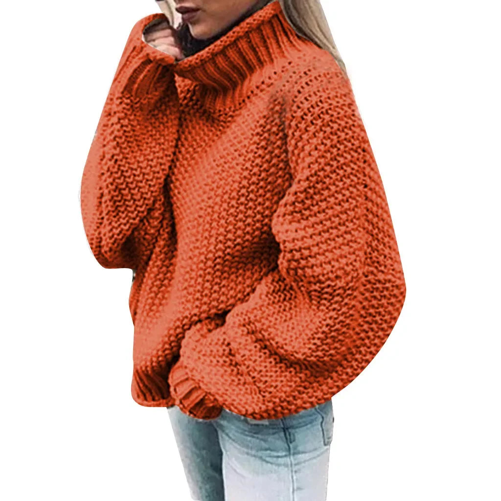 New Women Autumn Half High Neck Pullover Female Solid Color Long Sleeve Coarse Knit Sweaters Ladies Fashion O Neck Tops