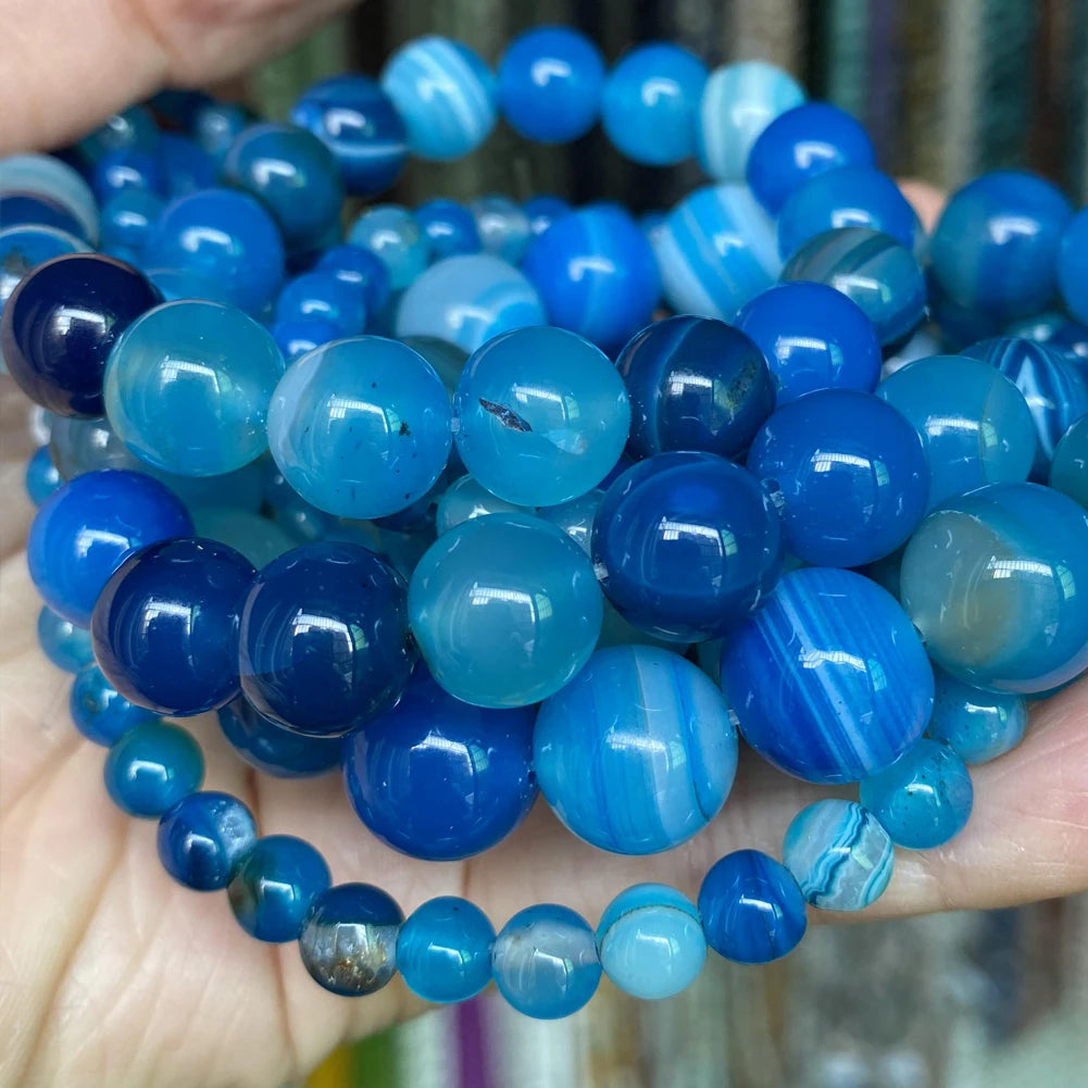 4/6/8/10mm Natural Blue Stripe Agate Stone Beads Round Loose Spacer Beads For Jewelry Making DIY Bracelet Necklace Handmade
