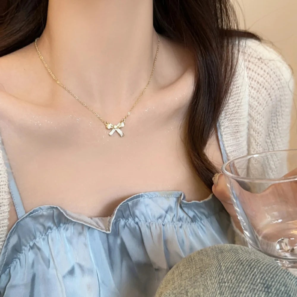 Kpop Crystal Bow Pendant Necklace For Women Simple Gold Color Stainless Steel Clavicle Chain Jewelry Fashion Accessories
