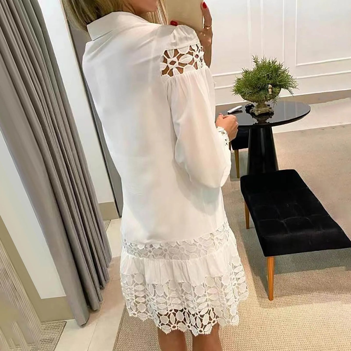 Casual Lapel Women's Shirt Dress Vestido Summer Lace Crochet  Hollowed Out Long Sleeve Party Dress Elegant Lady Plus Size Dress