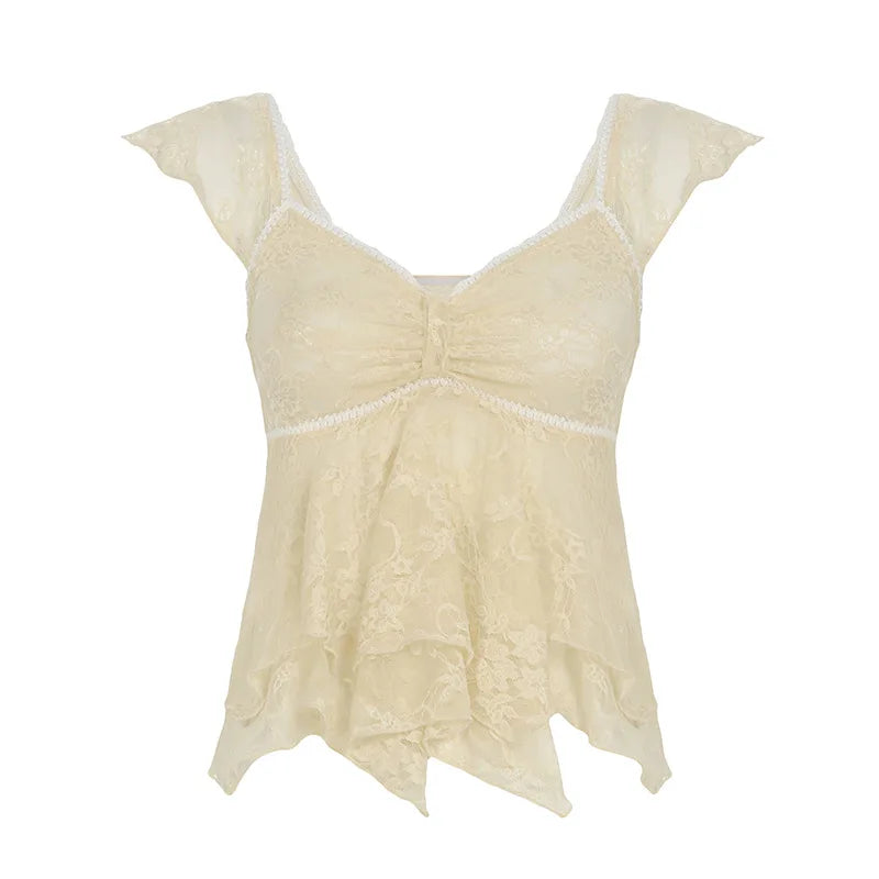 Irregular high waisted see through lace shirt, unique and niche new style, sexy V-neck flying sleeve top