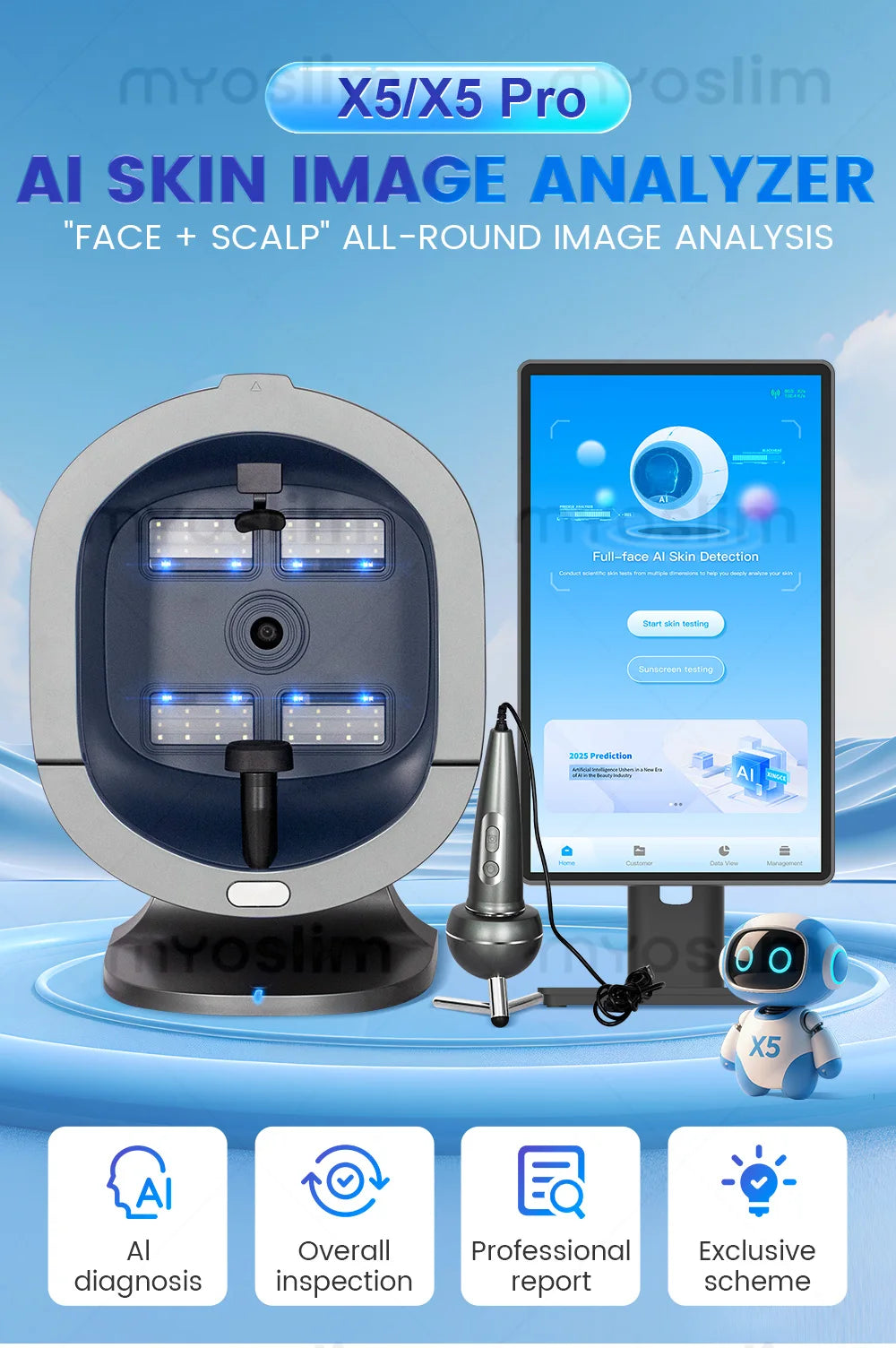 Professional 3D Facial Skin Analyzer Scanner with Dermatoscope and Face Mirror for Skin Face Diagnostics Analysis Machine.