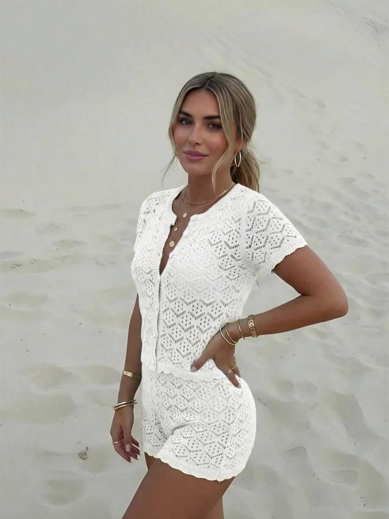 Womens Crochet Hollow Out Two Piece Beach Set Short Sleeve Knit Cover Up And Shorts