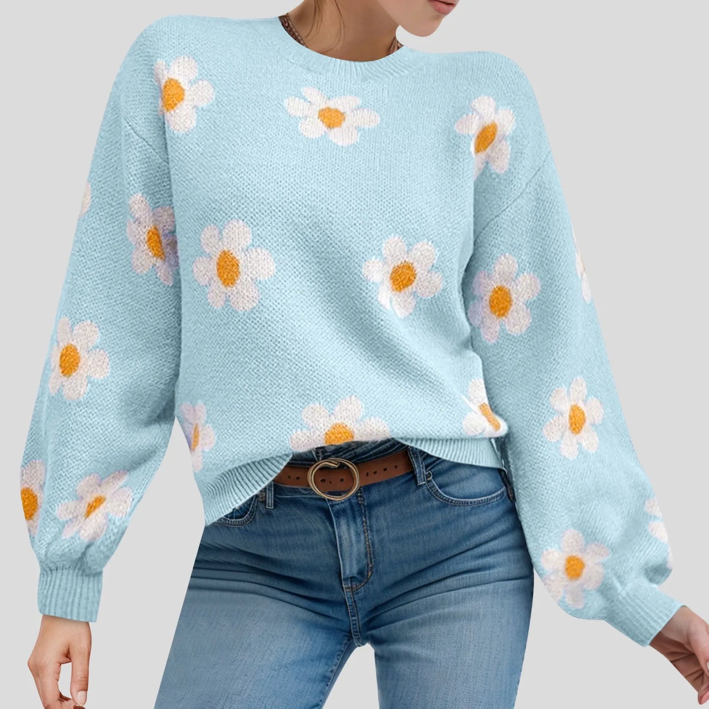2024 Fall Sweater Women Fashion Round Neck Flower Printed Long Sleeve Ribbed Knitted Pullover Popular Top Autumn Winter Outfits