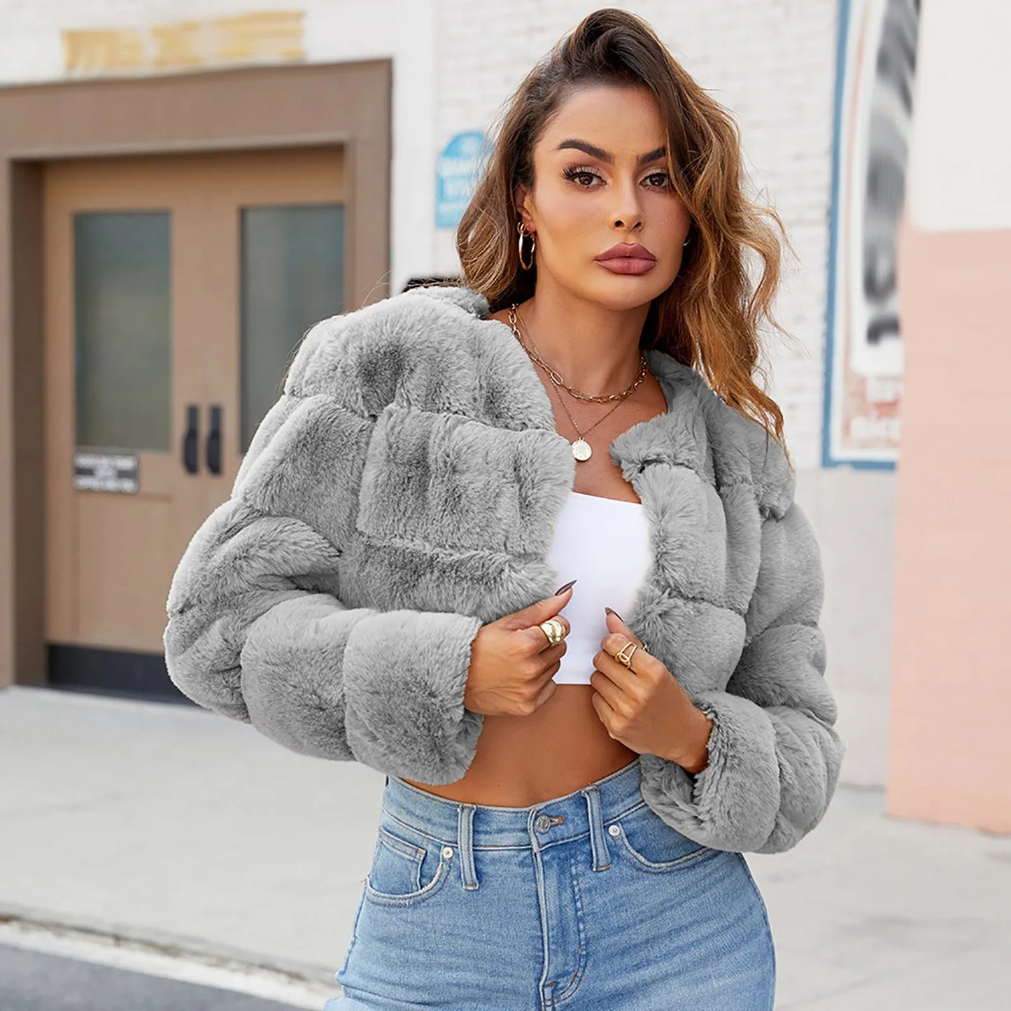 Faux Coat Cropped Jacket Fuzzy Fleece Jacket For Women V Neck Sweater Fashion Winter Warm Long Button Up Cardigans For Women
